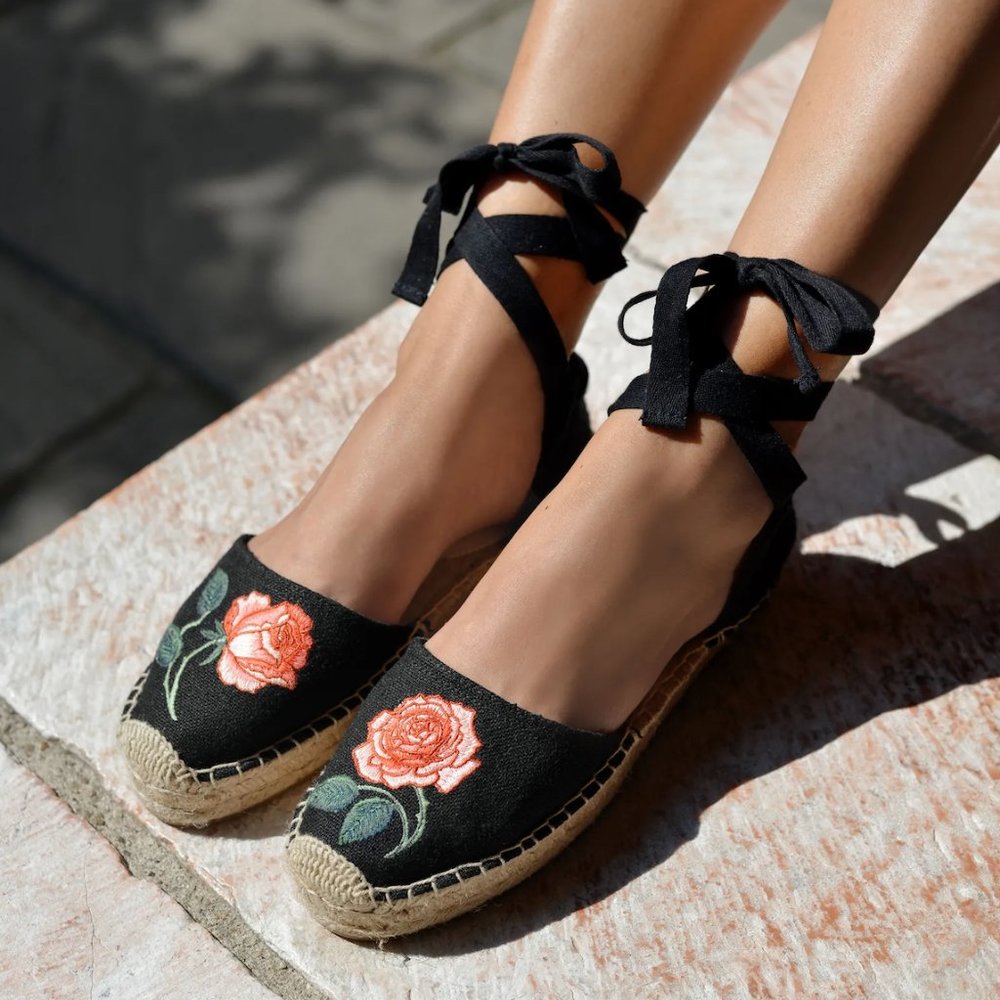 Soludos Black Espadrilles with Coral Rose Embroidery and Ankle Ties